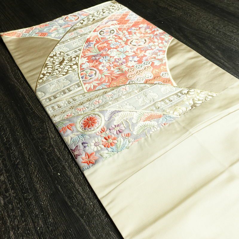 袋帯 六通柄 フォーマル用 正絹 古典柄 箔 刺繍 帯 亀甲 扇面 松 クリーム_画像17