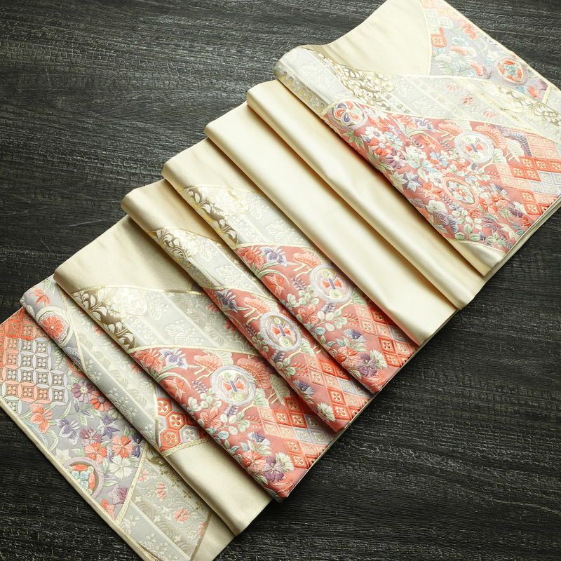 袋帯 六通柄 フォーマル用 正絹 古典柄 箔 刺繍 帯 亀甲 扇面 松 クリーム_画像20