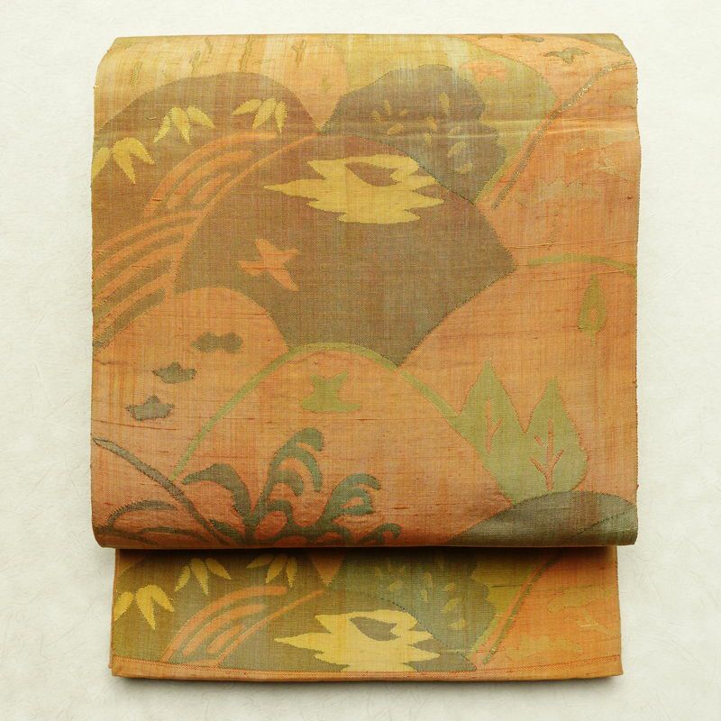 袋帯 紬地 六通柄 一般用 正絹 風景柄 帯 黄・黄土色_画像1