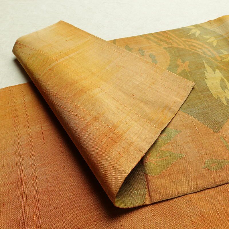 袋帯 紬地 六通柄 一般用 正絹 風景柄 帯 黄・黄土色_画像9