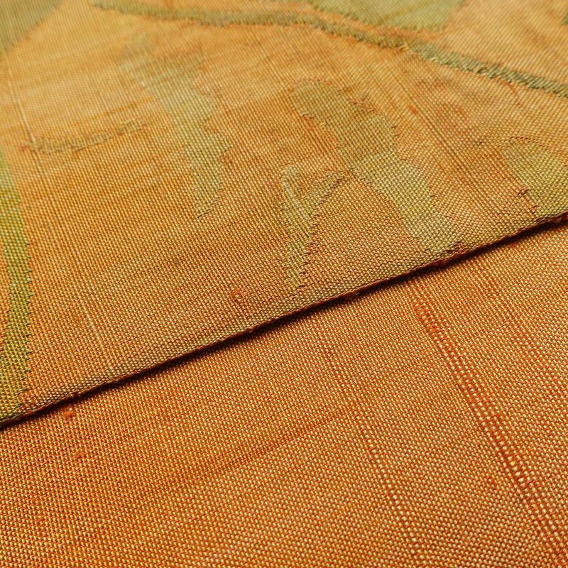 袋帯 紬地 六通柄 一般用 正絹 風景柄 帯 黄・黄土色_画像12