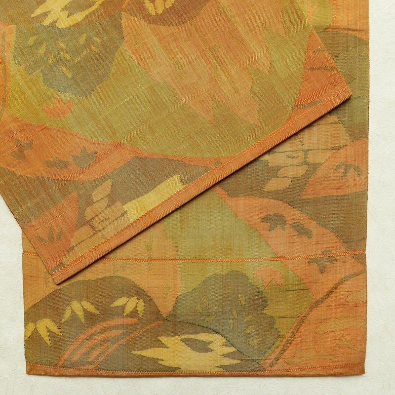 袋帯 紬地 六通柄 一般用 正絹 風景柄 帯 黄・黄土色_画像13