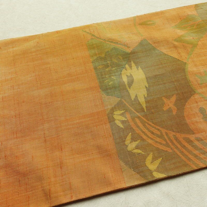 袋帯 紬地 六通柄 一般用 正絹 風景柄 帯 黄・黄土色_画像16