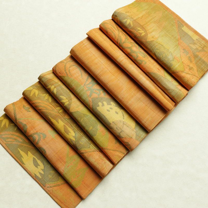 袋帯 紬地 六通柄 一般用 正絹 風景柄 帯 黄・黄土色_画像18