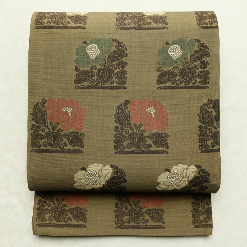 袋帯 六通柄 一般用 正絹 花柄 帯 緑・うぐいす色_画像1