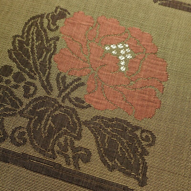 袋帯 六通柄 一般用 正絹 花柄 帯 緑・うぐいす色_画像3