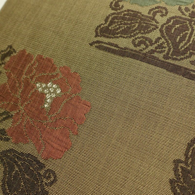 袋帯 六通柄 一般用 正絹 花柄 帯 緑・うぐいす色_画像5