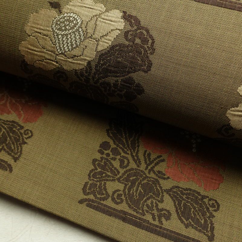 袋帯 六通柄 一般用 正絹 花柄 帯 緑・うぐいす色_画像6