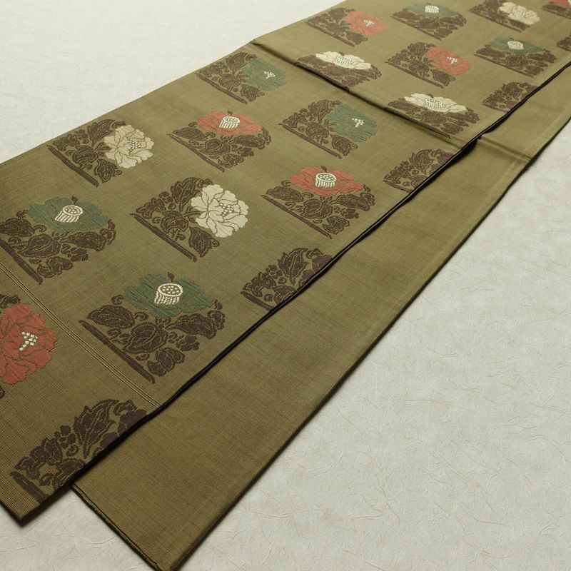 袋帯 六通柄 一般用 正絹 花柄 帯 緑・うぐいす色_画像7