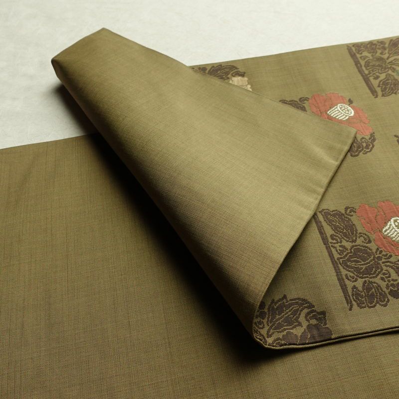 袋帯 六通柄 一般用 正絹 花柄 帯 緑・うぐいす色_画像8