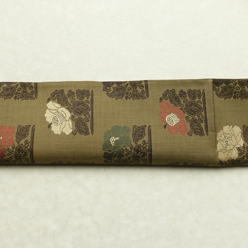 袋帯 六通柄 一般用 正絹 花柄 帯 緑・うぐいす色_画像14