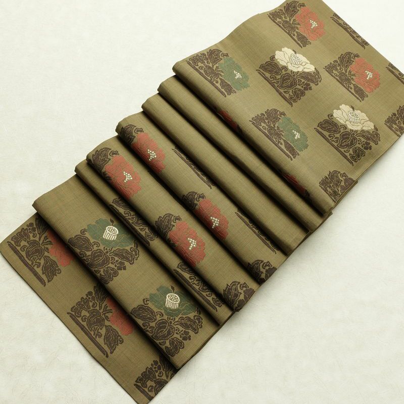 袋帯 六通柄 一般用 正絹 花柄 帯 緑・うぐいす色_画像18