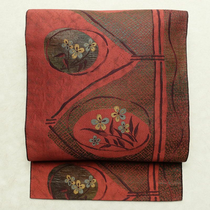 名古屋帯 六通柄 正絹 花柄 名古屋仕立て 帯 小豆・エンジ_画像1