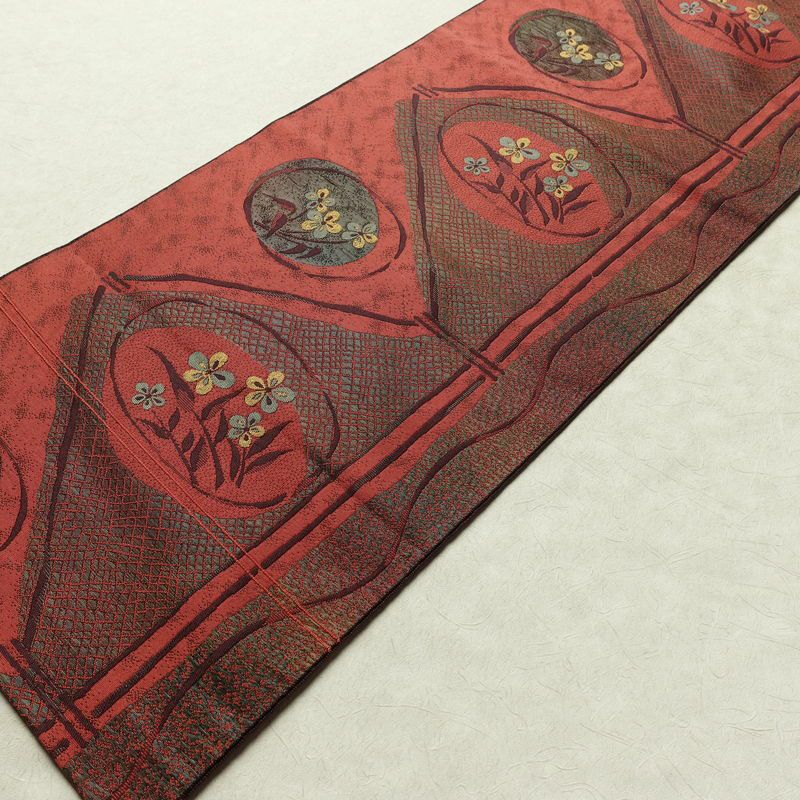 名古屋帯 六通柄 正絹 花柄 名古屋仕立て 帯 小豆・エンジ_画像8
