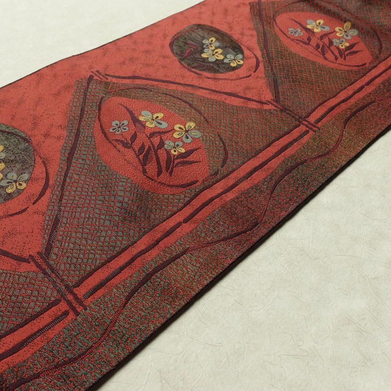 名古屋帯 六通柄 正絹 花柄 名古屋仕立て 帯 小豆・エンジ_画像11