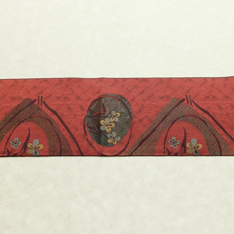 名古屋帯 六通柄 正絹 花柄 名古屋仕立て 帯 小豆・エンジ_画像13