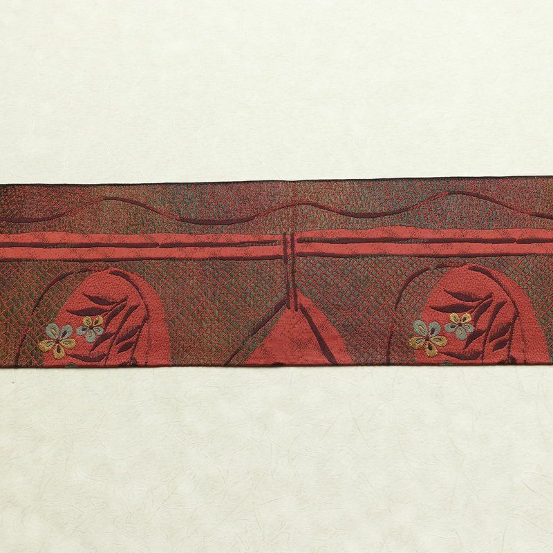 名古屋帯 六通柄 正絹 花柄 名古屋仕立て 帯 小豆・エンジ_画像14