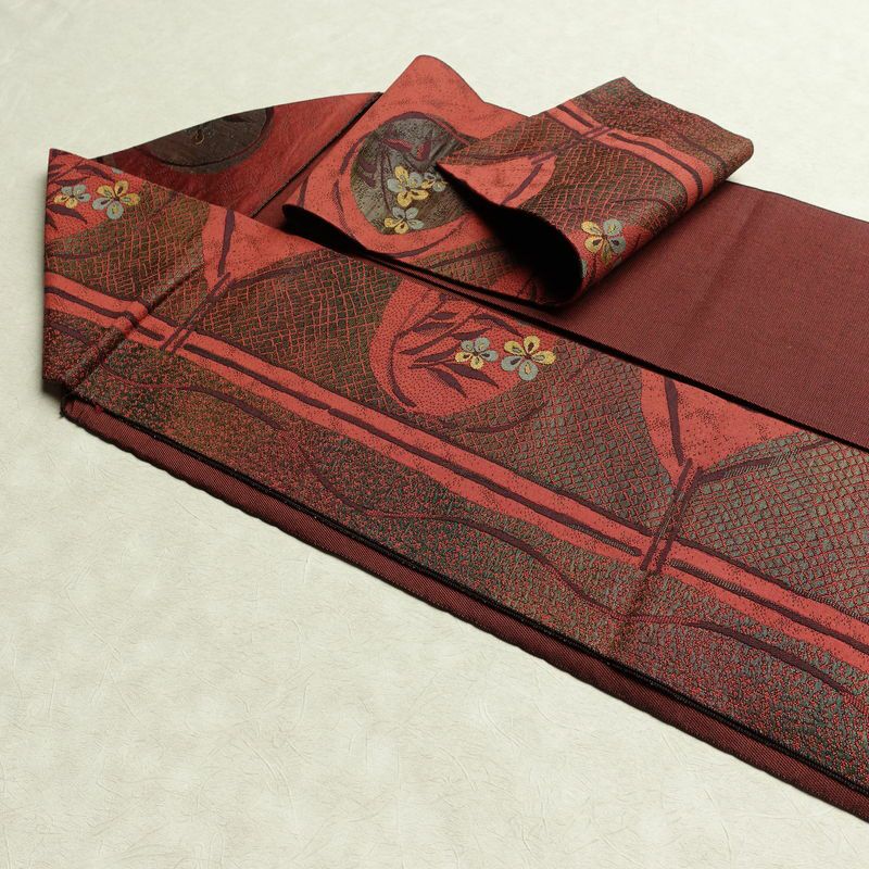 名古屋帯 六通柄 正絹 花柄 名古屋仕立て 帯 小豆・エンジ_画像21