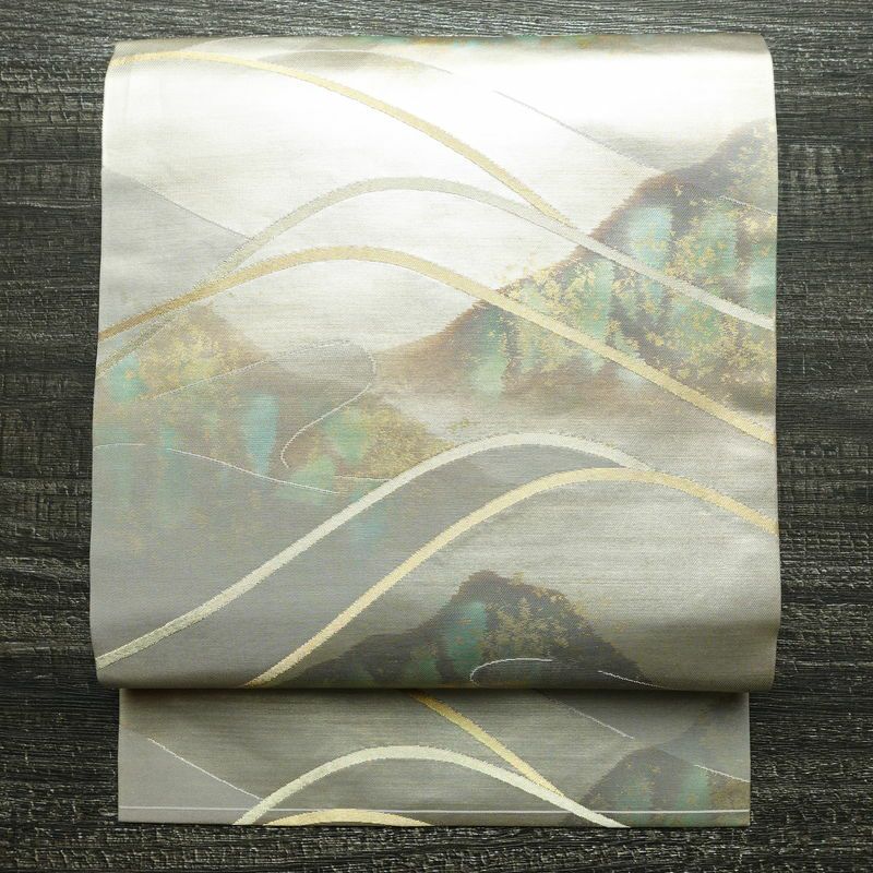 名古屋帯 六通柄 正絹 風景柄 名古屋仕立て 箔 帯 紫・藤色_画像1