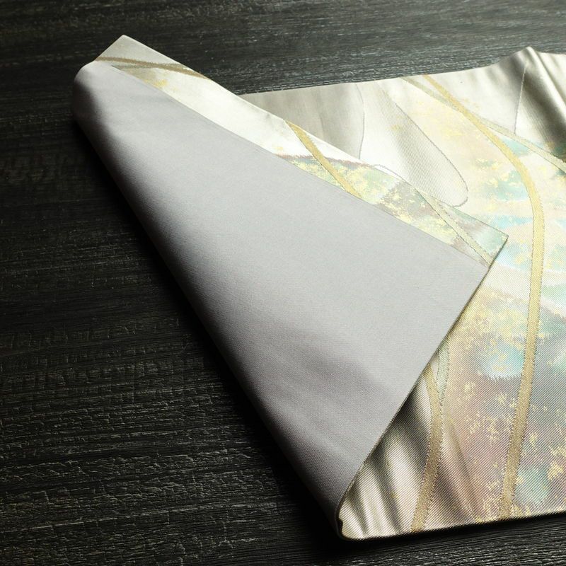 名古屋帯 六通柄 正絹 風景柄 名古屋仕立て 箔 帯 紫・藤色_画像8