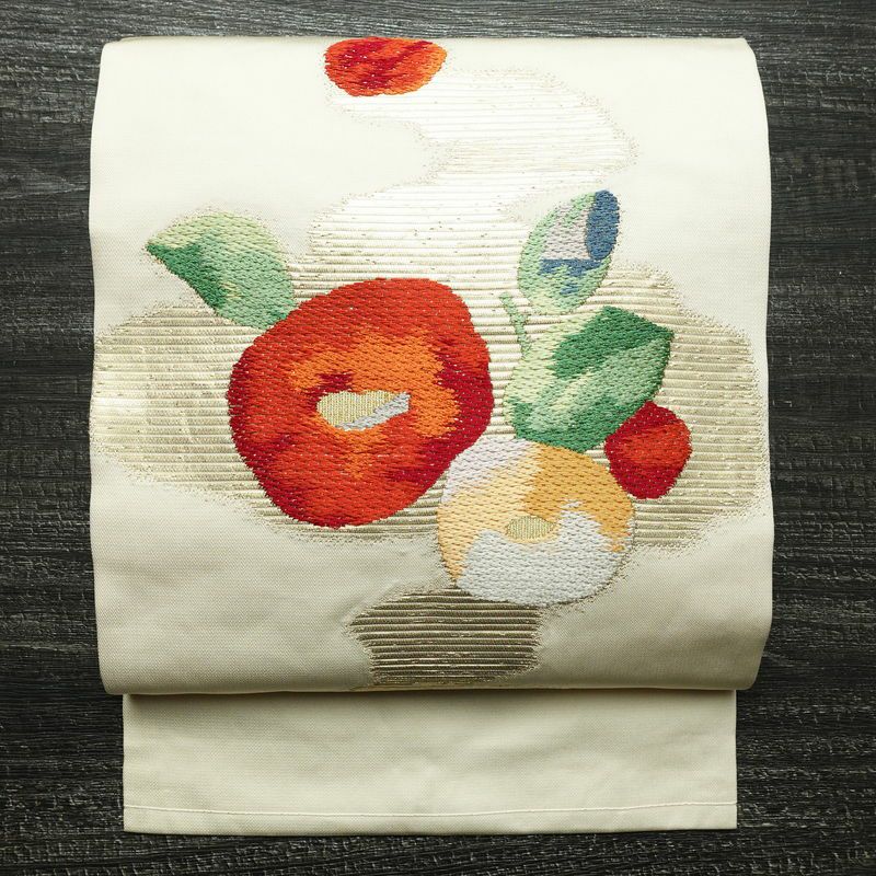 名古屋帯 太鼓柄 正絹 花柄 名古屋仕立て 箔 帯 クリーム_画像1