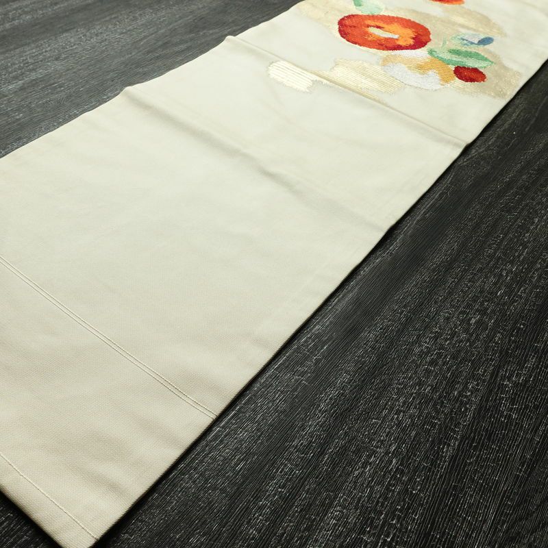 名古屋帯 太鼓柄 正絹 花柄 名古屋仕立て 箔 帯 クリーム_画像9