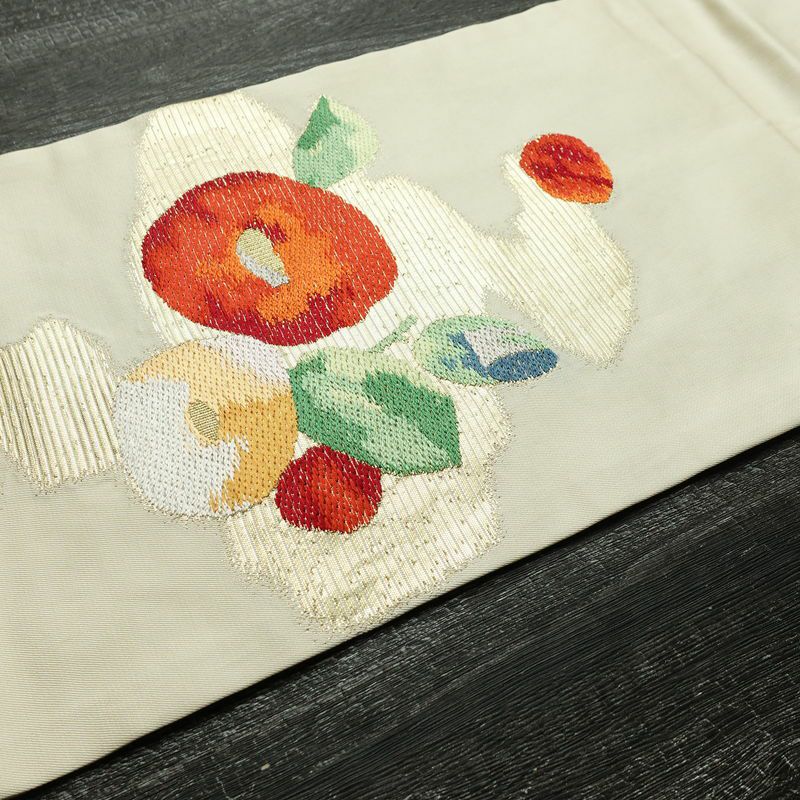 名古屋帯 太鼓柄 正絹 花柄 名古屋仕立て 箔 帯 クリーム_画像12