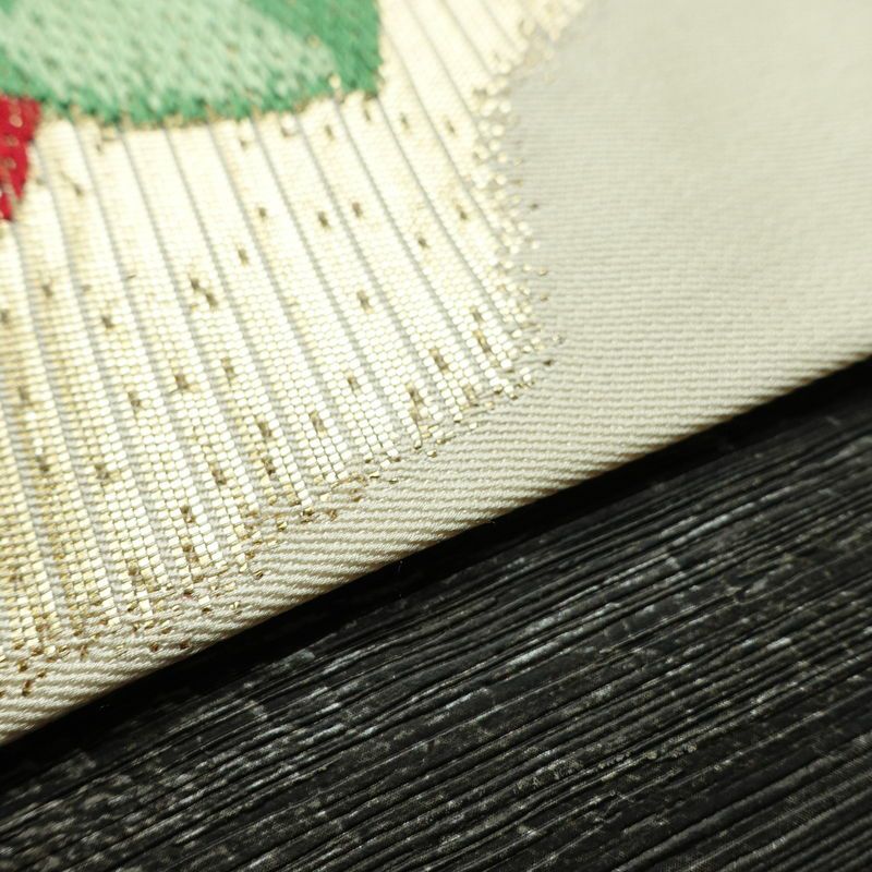 名古屋帯 太鼓柄 正絹 花柄 名古屋仕立て 箔 帯 クリーム_画像13