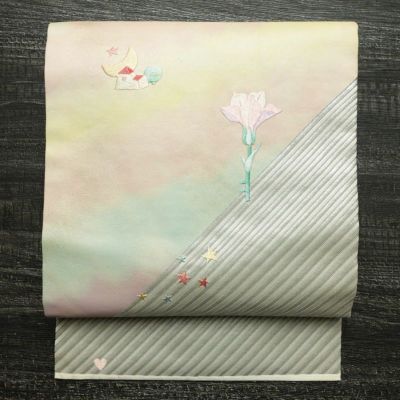 名古屋帯 太鼓柄 正絹 花柄 名古屋仕立て 箔 刺繍 帯 ファンシー 多色使い