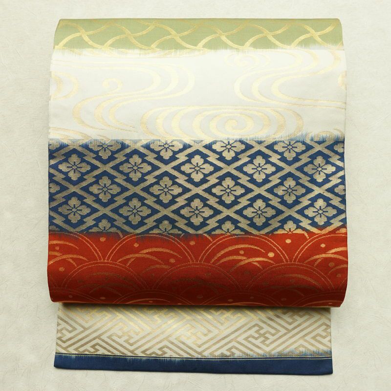 名古屋帯 六通柄 正絹 名古屋仕立て 箔 帯 露芝 流水 紗綾形 多色使い_画像1