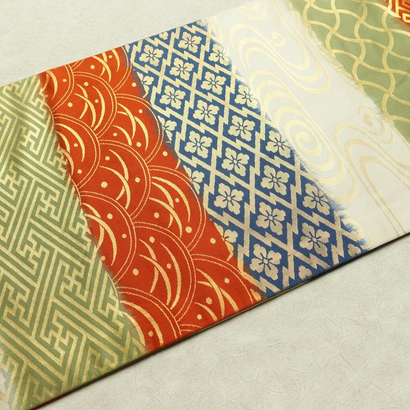 名古屋帯 六通柄 正絹 名古屋仕立て 箔 帯 露芝 流水 紗綾形 多色使い_画像11