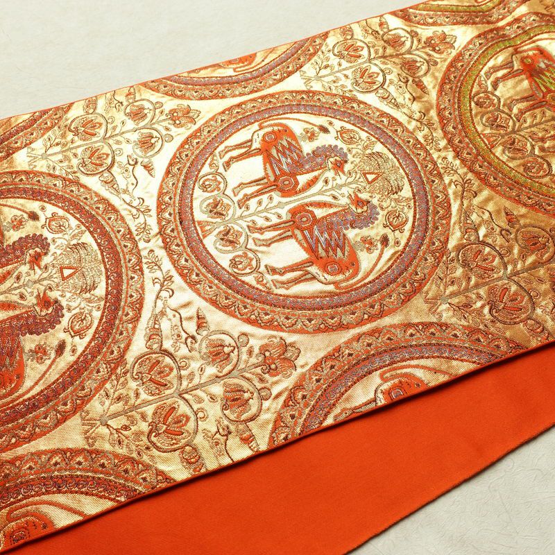 袋帯 六通柄 純金箔 24K フォーマル用 正絹 幾何学柄・抽象柄 箔 帯 橙_画像11
