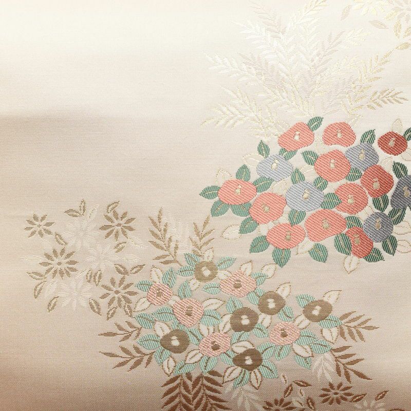 名古屋帯 六通柄 美品 しつけ糸付き 正絹 花柄 名古屋仕立て 箔 帯 椿 ピンク_画像2