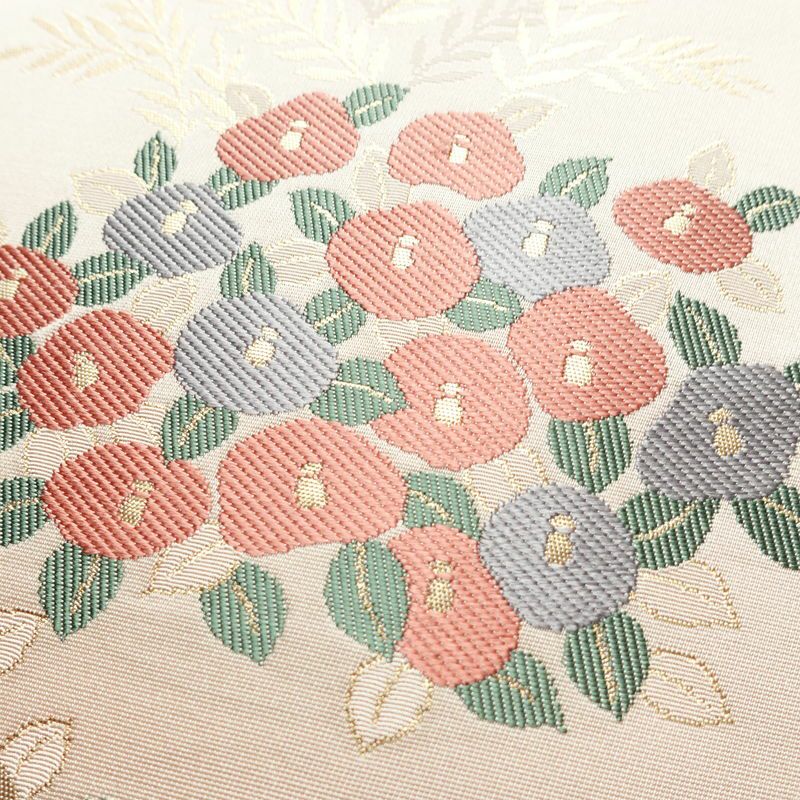 名古屋帯 六通柄 美品 しつけ糸付き 正絹 花柄 名古屋仕立て 箔 帯 椿 ピンク_画像3
