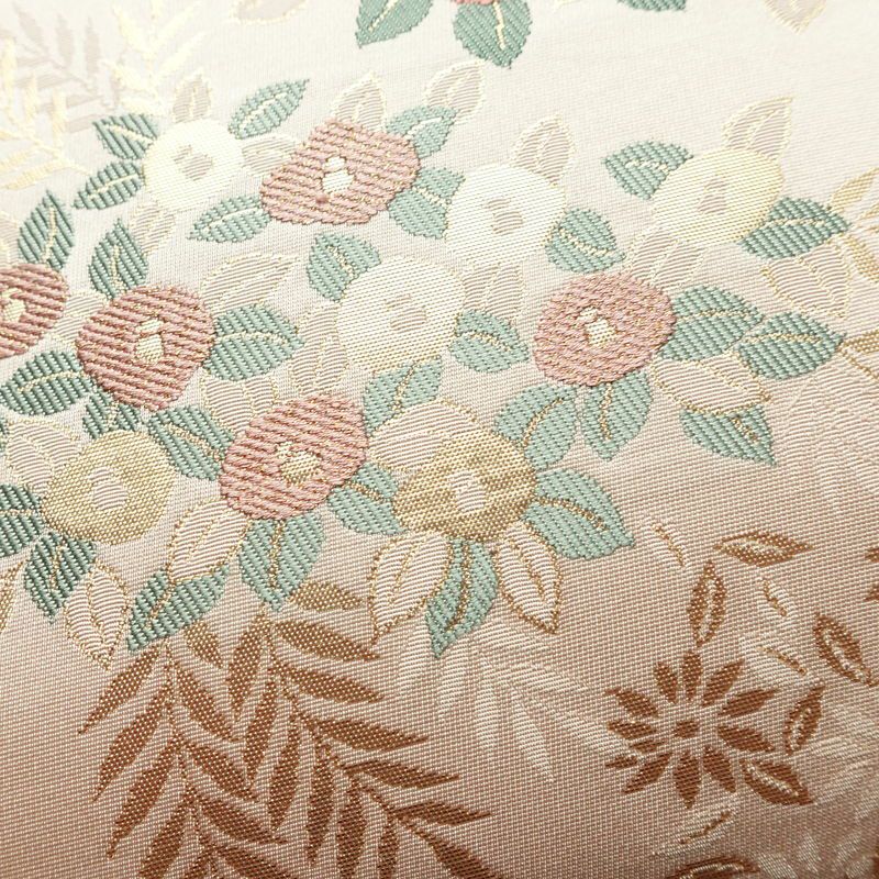 名古屋帯 六通柄 美品 しつけ糸付き 正絹 花柄 名古屋仕立て 箔 帯 椿 ピンク_画像4