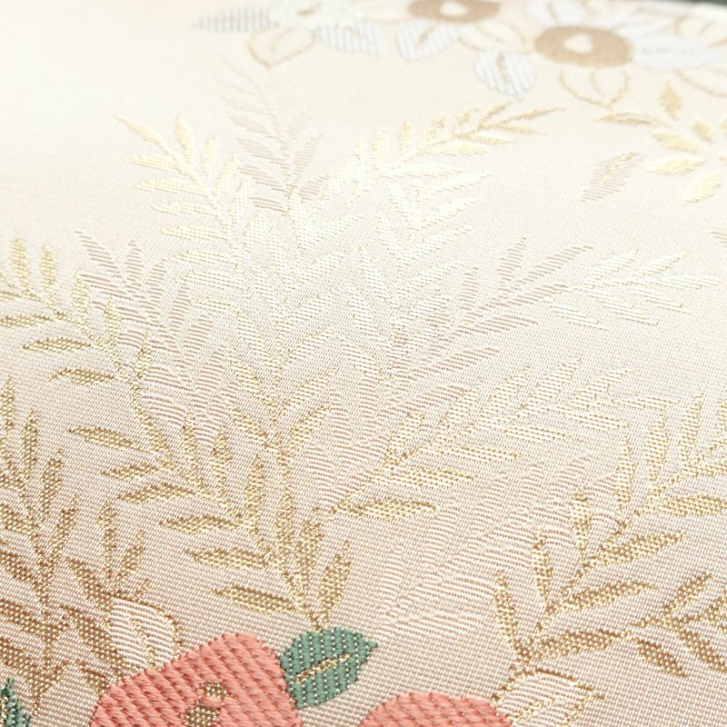 名古屋帯 六通柄 美品 しつけ糸付き 正絹 花柄 名古屋仕立て 箔 帯 椿 ピンク_画像5