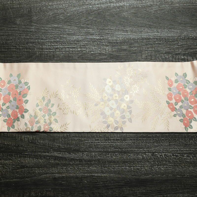 名古屋帯 六通柄 美品 しつけ糸付き 正絹 花柄 名古屋仕立て 箔 帯 椿 ピンク_画像14