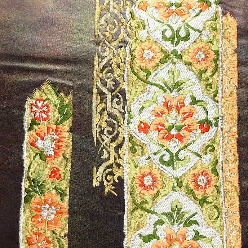 名古屋帯 太鼓柄 正絹 木の葉・植物柄 名古屋仕立て 箔 金糸 帯 紫・藤色_画像2