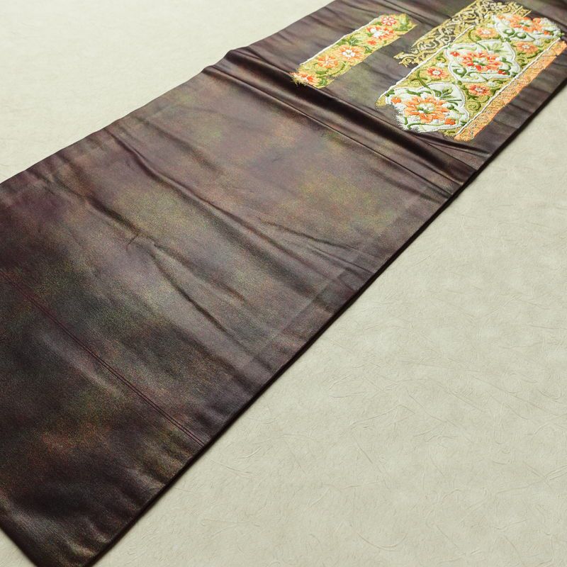 名古屋帯 太鼓柄 正絹 木の葉・植物柄 名古屋仕立て 箔 金糸 帯 紫・藤色_画像7