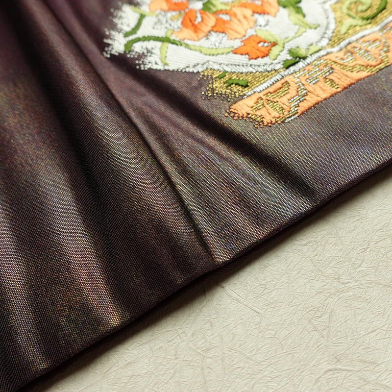 名古屋帯 太鼓柄 正絹 木の葉・植物柄 名古屋仕立て 箔 金糸 帯 紫・藤色_画像11