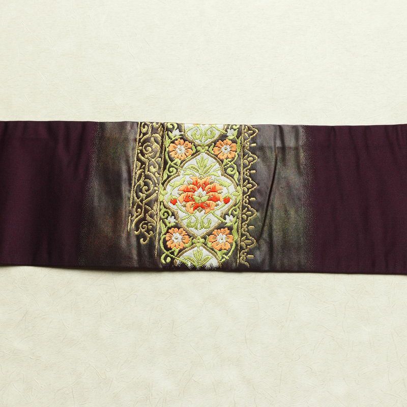 名古屋帯 太鼓柄 正絹 木の葉・植物柄 名古屋仕立て 箔 金糸 帯 紫・藤色_画像12