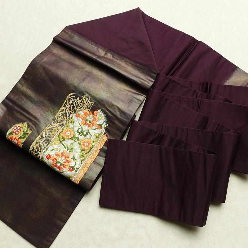 名古屋帯 太鼓柄 正絹 木の葉・植物柄 名古屋仕立て 箔 金糸 帯 紫・藤色_画像17