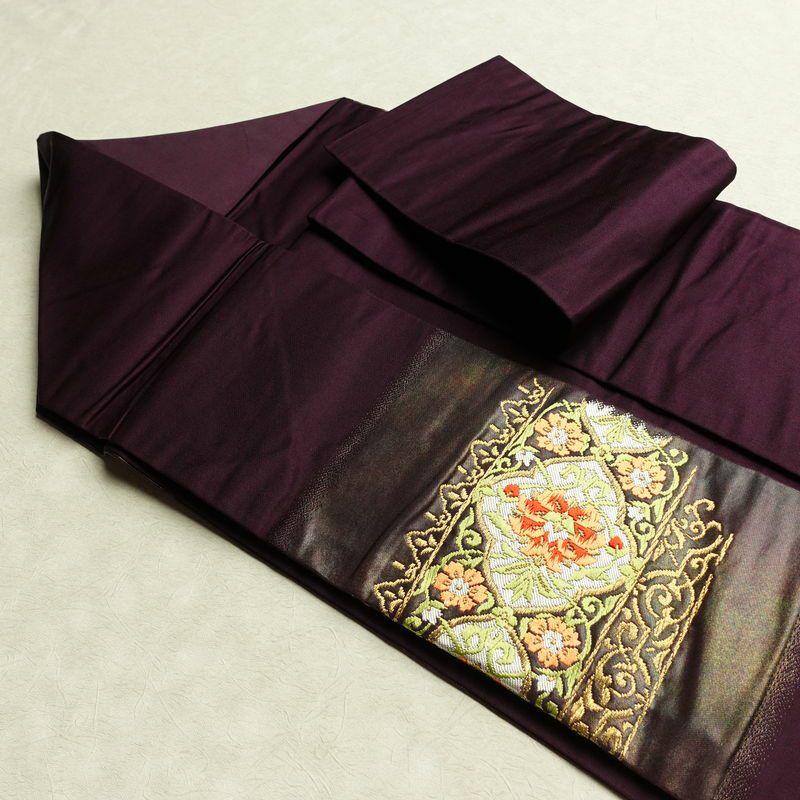 名古屋帯 太鼓柄 正絹 木の葉・植物柄 名古屋仕立て 箔 金糸 帯 紫・藤色_画像21