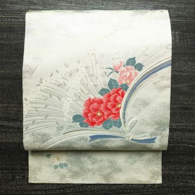 名古屋帯 太鼓柄 美品 正絹 花柄 名古屋仕立て 箔 帯 白