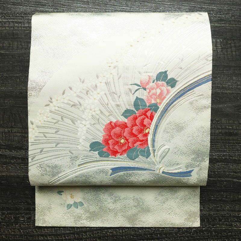 名古屋帯 太鼓柄 美品 正絹 花柄 名古屋仕立て 箔 帯 白_画像1