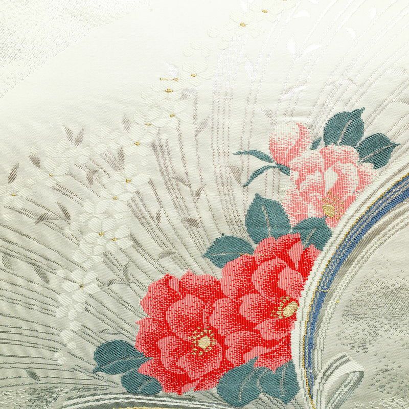 名古屋帯 太鼓柄 美品 正絹 花柄 名古屋仕立て 箔 帯 白_画像2