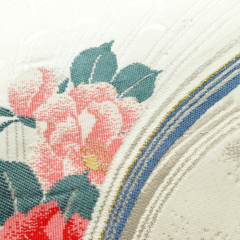 名古屋帯 太鼓柄 美品 正絹 花柄 名古屋仕立て 箔 帯 白_画像4