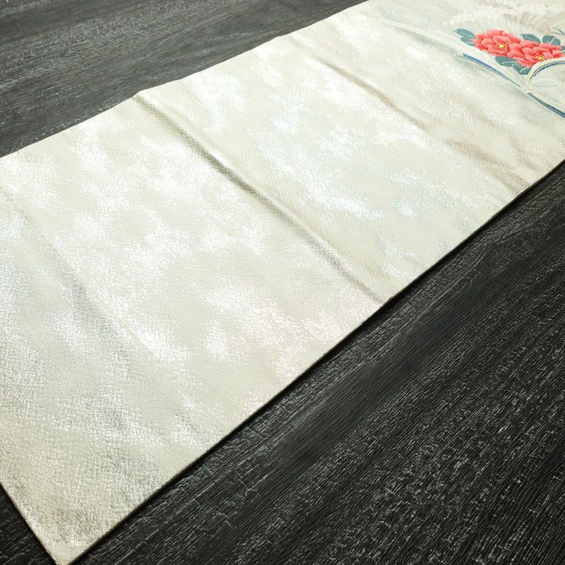 名古屋帯 太鼓柄 美品 正絹 花柄 名古屋仕立て 箔 帯 白_画像8