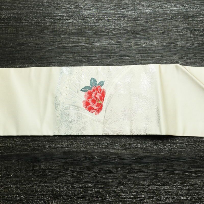 名古屋帯 太鼓柄 美品 正絹 花柄 名古屋仕立て 箔 帯 白_画像15