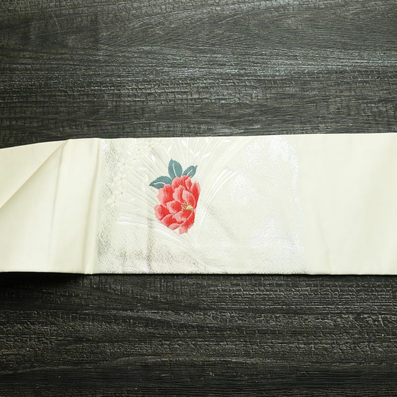 名古屋帯 太鼓柄 美品 正絹 花柄 名古屋仕立て 箔 帯 白_画像16